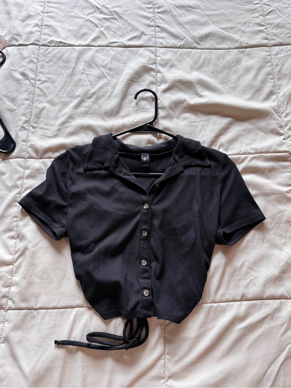 Windsor Black Ribbed Polo Crop Top with Collar